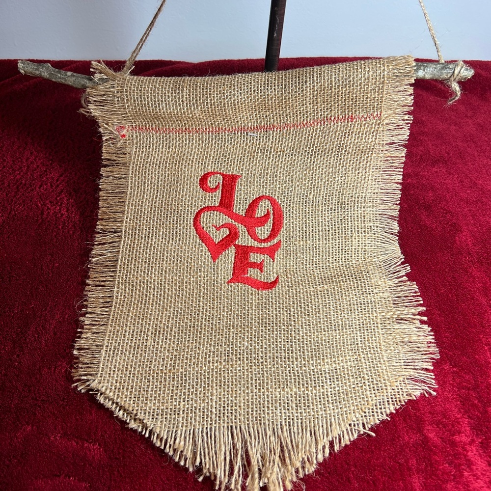 Handmade Valentine Embroidered Burlap love banner home decor